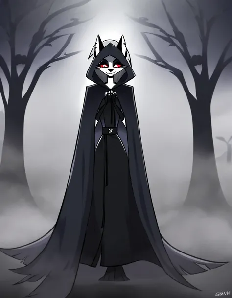 (1girl, solo), perfect body, slim,
anthro, robe, furry, smile, grim reaper outfits, cape covering whole body, long black cape, hoods covered head, head down, red eyes, day, fog, park, standing
Loona (Helluva Boss), 