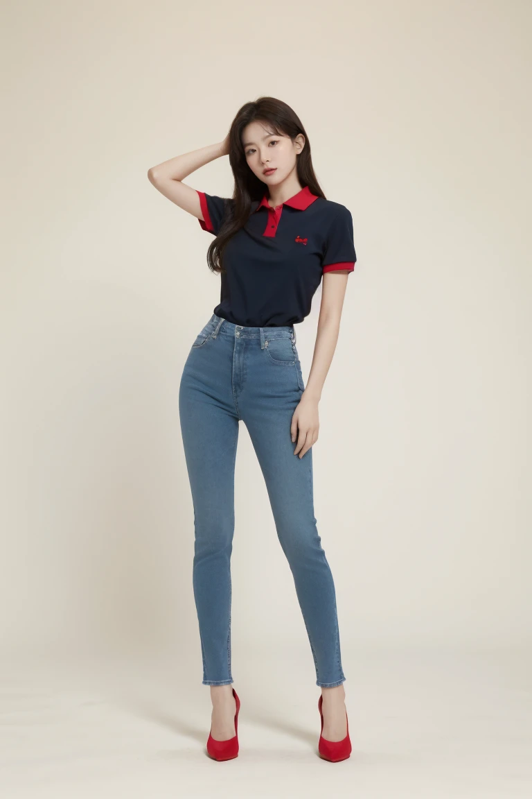 Hot Korean woman wearing red tennis polo, blue skinny tight jeans, and red high heels. Full body from head to toe. Standing in a full height from head to toe. 8k HD resolution best quality. Studio Background 