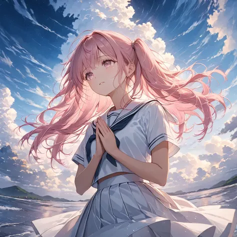 One Girl, Looking Up at the Sky ,(masterpiece:1.2),超 high res,  Attention to Details, High image quality,  high res, 最High image quality, 4K, 8k、 women praying together,With tears in my eyes, light is reflected in tears , Twin Tail,Pink Hair,Hair blowing i...