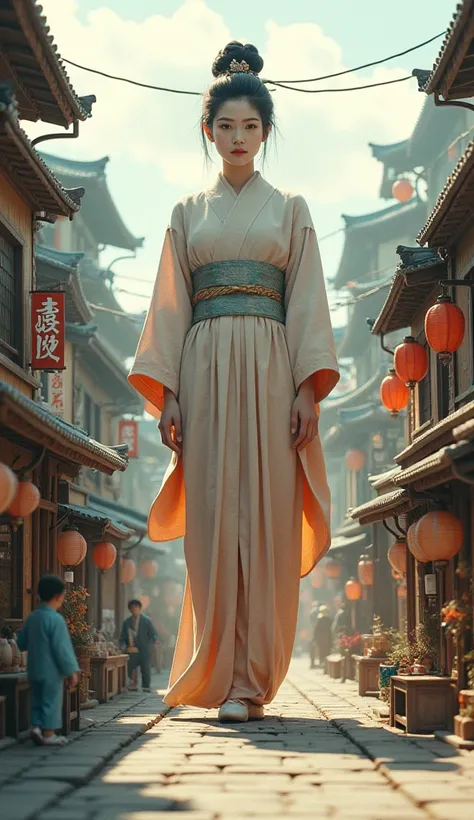 1 gorgeous gigantic scale japanese woman,watercolor painting on standing  in the center of a busy miniature scale street surrounded by detailed tiny buildings,contrasting scale,surreal atmosphere,expansive pose,serene expression,highly detailed miniature b...