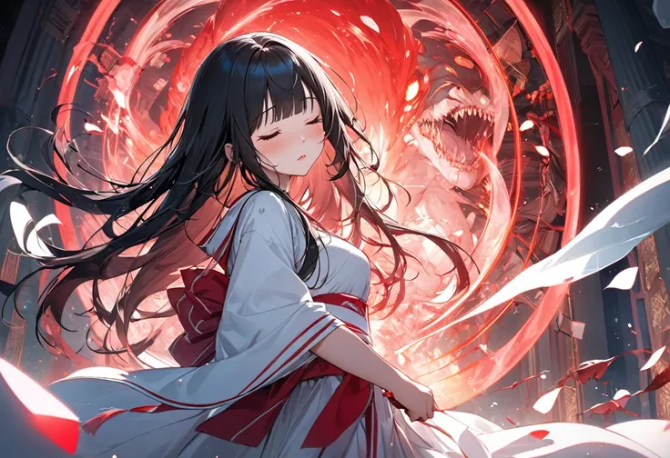 (beautiful battle illustration), (master anatomy, hand holding a divine long bow)) solo:2, ((sad closed eyes)) (best blunt bangs) (black hair long hair) (best beautiful girl is ), (sad face, sweaty skin), ((glossy lip)), (medium tits), (in a shrine maiden ...