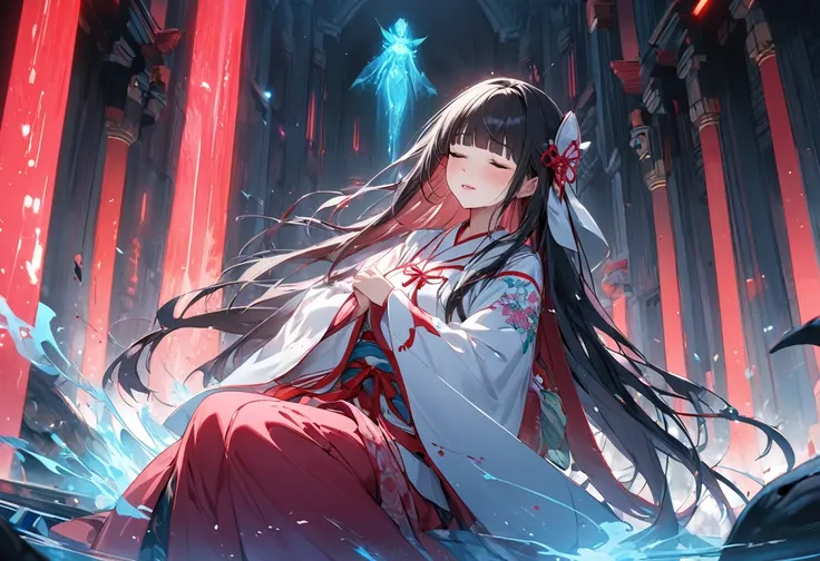 (beautiful battle illustration), (master anatomy, hand holding a divine long bow)) solo:2, ((sad closed eyes)) (best blunt bangs) (black hair long hair) (best beautiful girl is ), (sad face, sweaty skin), ((glossy lip)), (medium tits), (in a shrine maiden ...