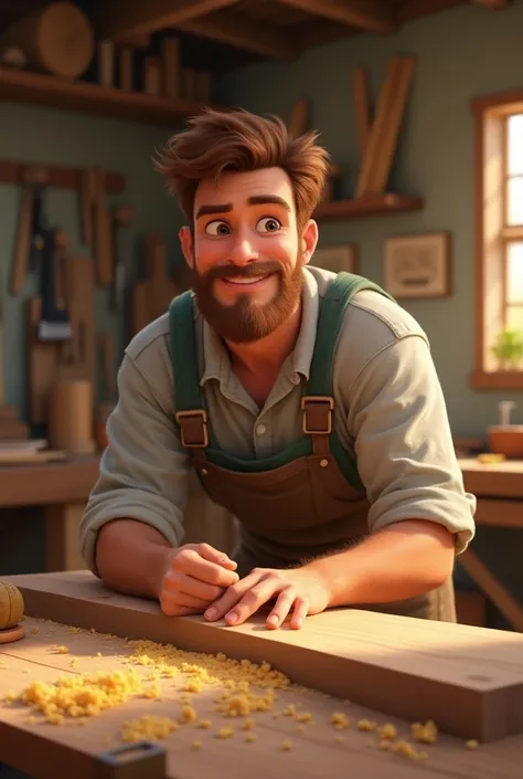  Young man drawing between 35 and 40 years old, Pixar style, cabinetmaker working on a wooden bench, semi-large wavy brown hair, with brown eyes, with short beard, smiling,