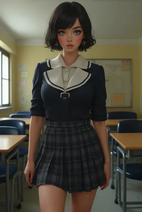 18 year old white girl , short black hair, blue eyes,  full lips,  big breasts, hips, fleshy legs,  catholic school uniform, shy expression, selfie, Classroom background , full body, plaid skirt