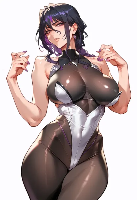 score_9, score_8_up, score_7_up, score_6_up, score_5_up, score_4_up, woman, Uehara Rin, voluptuous body, bodystocking, dark hair with purple highlights, sexy pose, clothing treatment where it shows your naked body