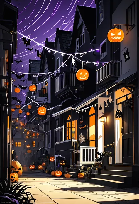 conceptual installation fantasy art, kawaii chibi characters of boys and girls, Hello Happy Halloween, excited, joy, jumping up, purple, orange, illuminated lines, background monochrome, black and white residential streetscape, various effects, BREAK delic...