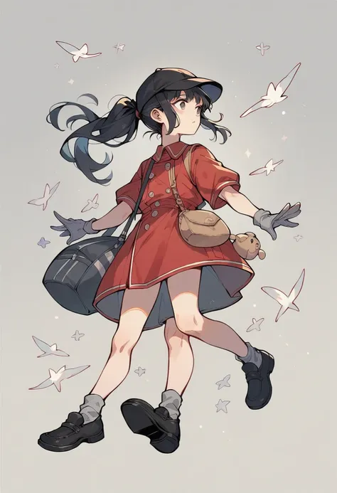 girl,Black Hair, ponytail,Red clothing,whole body, black maguchi bag ,Short, black shoes with silver lines, light gray gloves ,Culottes,Black Hat,grey short socks,I have nothing in my hands