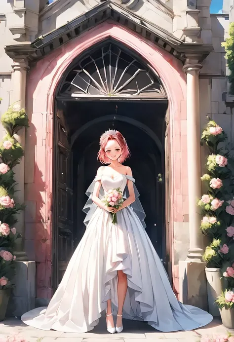 Sakura Haruno, ((Alone)), Alone, bride, Wearing a white wedding dress, Queen, happy, ((Show your forehead)), standing, Entering the Church, Pink Hair, short hair, delicate, young, short hair, Detailed face, High image quality, ((Full Body)), (Flowers aroun...