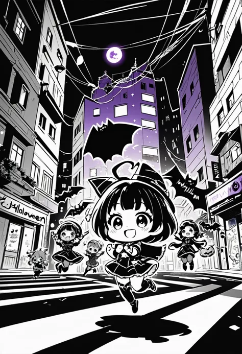 fantasy art, kawaii chibi characters of boys and girls, Hello Happy Halloween, excited, joy, jumping up, purple, orange, illuminated lines, background monochrome, black and white residential streetscape, various effects, BREAK delicate and dynamic textures...