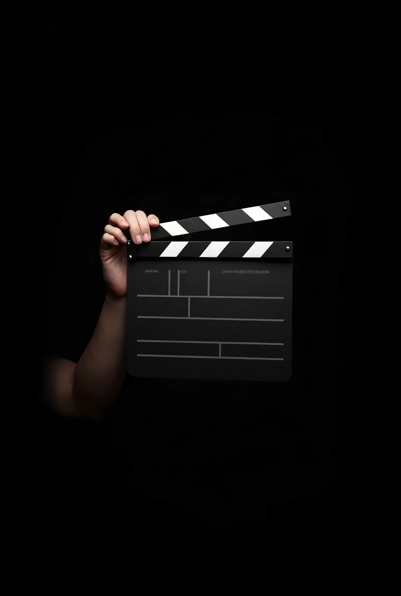 Hand simulating opening and closing differentiated clapperboard , flashy, contoured,  with black background for full HD 4k quality profile photo