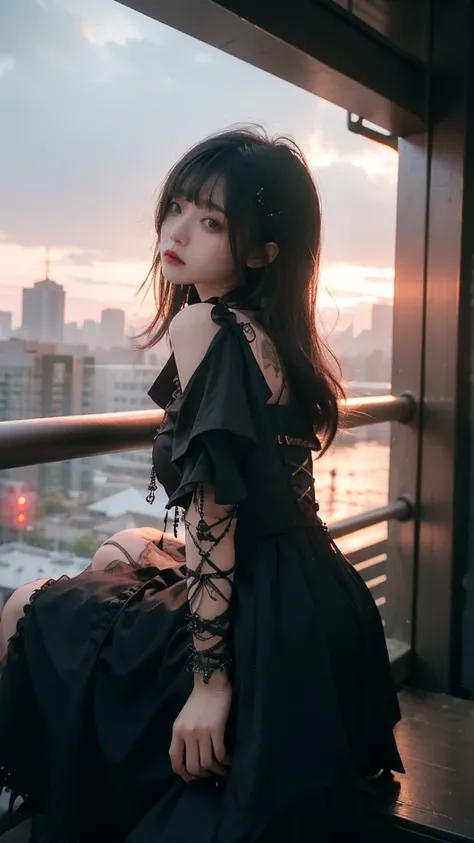 From below, Technoir , Sulky, Artistically refined, Realistic visuals,  breathtakingly beautiful , Diffused, Natural Skin Radiance,  girl sitting and enjoying the view , 24 years old, thin,  floating medium hair, bangs, (gothic_punk dress:1.2), masterpiece...