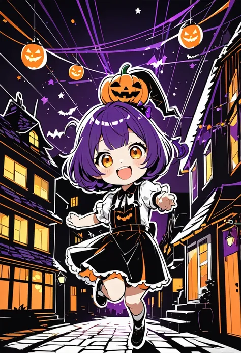 rough sketch-like depiction, conceptual installation fantasy art, kawaii chibi characters of boys and girls, Hello Happy Halloween, excited, joy, jumping up, purple, orange, illuminated lines, background black and white residential streetscape, various eff...