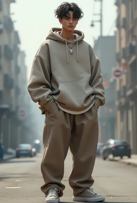 male, ,   wearing baggy pants , 1.75 tall ,  baggy pants and baggy sweatshirt silver necklace