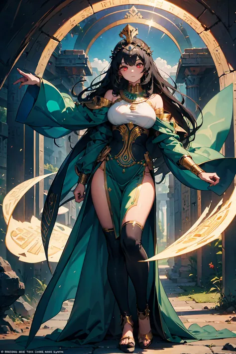 ((masterpiece, high detailed)) (1girl) a regal goddess wrapped in flowing green robes symbolizing rebirth, her skin pale like mo...