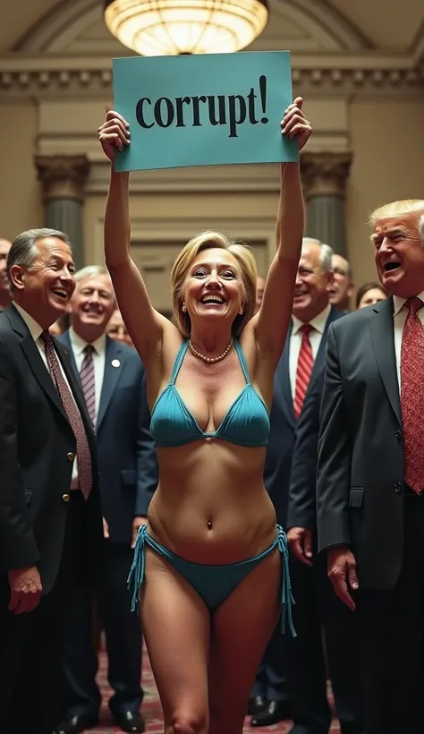 Hillary Clinton in a blue bikini in congress, she has the wrinkled body of an old woman, she is surrounded by dozens of senators who are laughing, she is holding up a sign that says “CORRUPT”