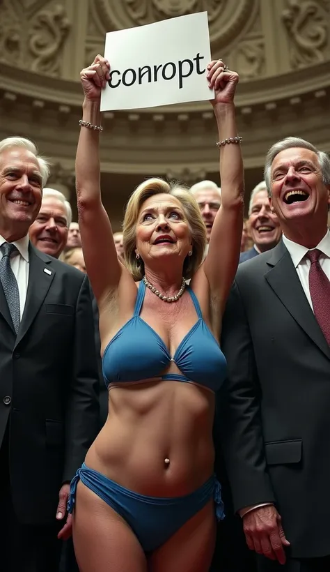 Hillary Clinton in a blue bikini in congress, she has the wrinkled body of an old woman, she is surrounded by dozens of senators who are laughing, she is holding up a sign that says “CORRUPT”