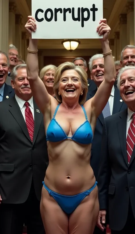 Hillary Clinton in a blue bikini in congress, she has the wrinkled body of an old woman, she is surrounded by dozens of senators who are laughing, she is holding up a sign that says “CORRUPT”