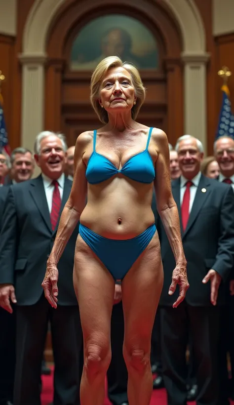 Hillary Clinton in a blue bikini in congress, she has the wrinkled body of an old woman, she is surrounded by dozens of senators who are laughing, she is holding up a sign that says “CORRUPT”, she has a wrinkled old body, she has a serious expression 