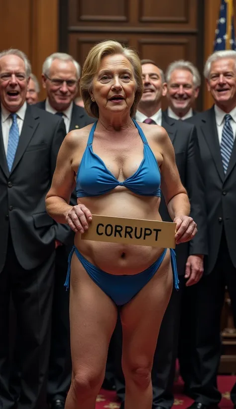 Hillary Clinton in a blue bikini in congress, she has the wrinkled body of an old woman, she is surrounded by dozens of senators who are laughing, she is holding up a sign that says “CORRUPT”, she has a wrinkled old body, she has a serious expression 