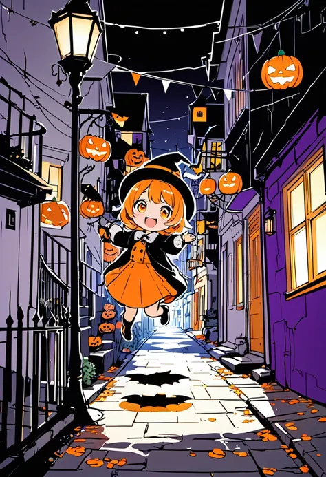 rough sketch-like depiction, conceptual installation fantasy art, kawaii chibi characters of boys and girls, Hello Happy Halloween, excited, joy, jumping up, purple, orange, illuminated lines, (background black and white residential streetscape:1.2), vario...