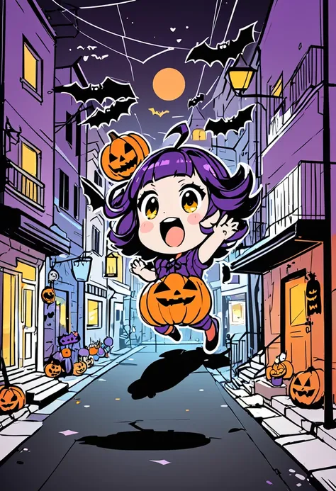 rough sketch-like depiction, conceptual installation fantasy art, kawaii chibi characters of boys and girls, Hello Happy Halloween, excited, joy, jumping up, purple, orange, illuminated lines, background black and white residential streetscape, various eff...