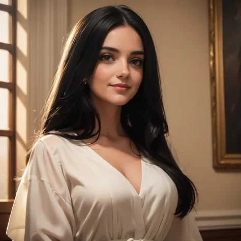 a smiling woman with long black hair., wearing a white shirt, long white skirt, very detailed full body shot ,  beautiful detail...