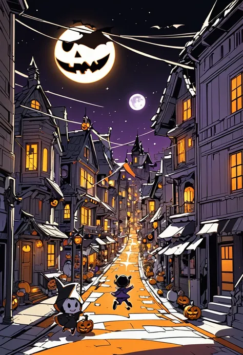 rough sketch-like depiction, conceptual installation fantasy art, kawaii chibi characters of boys and girls, Hello Happy Halloween, excited, joy, jumping up, purple, orange, illuminated lines, background black and white residential streetscape, various eff...