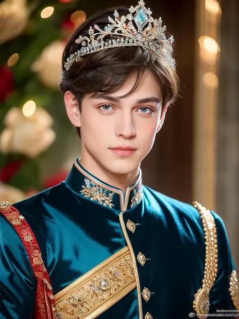 A delightful portrait of a handsome Slavic prince,  Characteristics of fantastic beauty , enchanting look, shining eyes,  look in a tiara of roses and jewels , Inlaid with floral crystals ,  Ultra-detailed ,A bold and majestic 