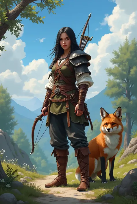 In RPG style, in style of Dungeons & Dragons, in style of fantasy painting. Full body view, looking at the viewer. image of a female dwarf ranger in leather armor, with dark pants, with longbow, with big Fox as pet.  dark hair. The sky is blue with white c...