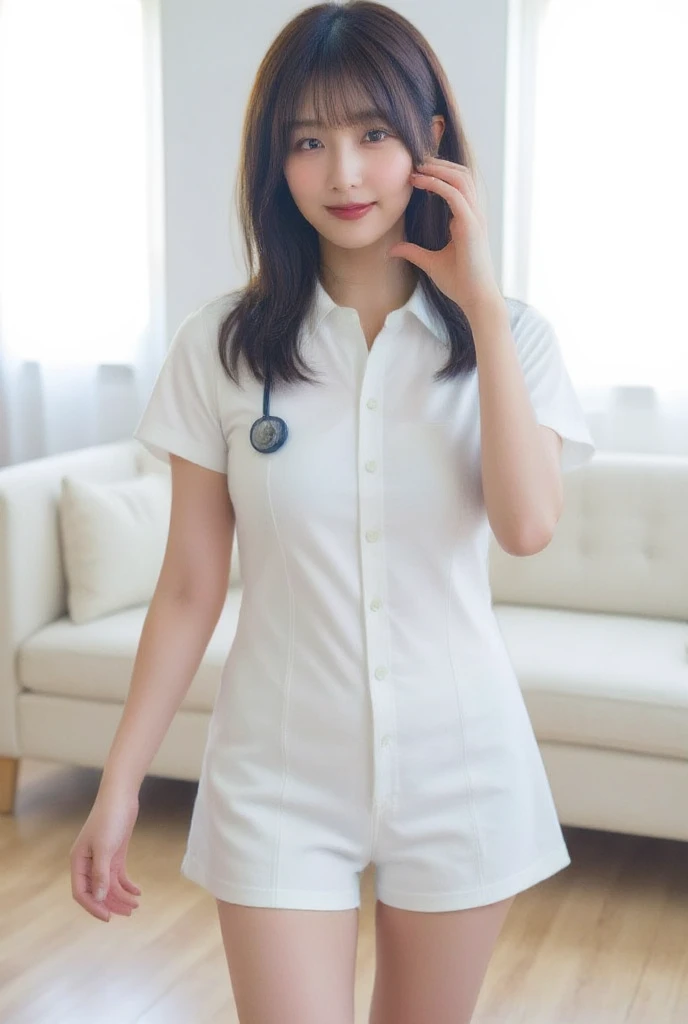 full-body photo of a stunning japanese woman backlit by soft light. she stands in a modern hospital bedroom making a cheekheart,...