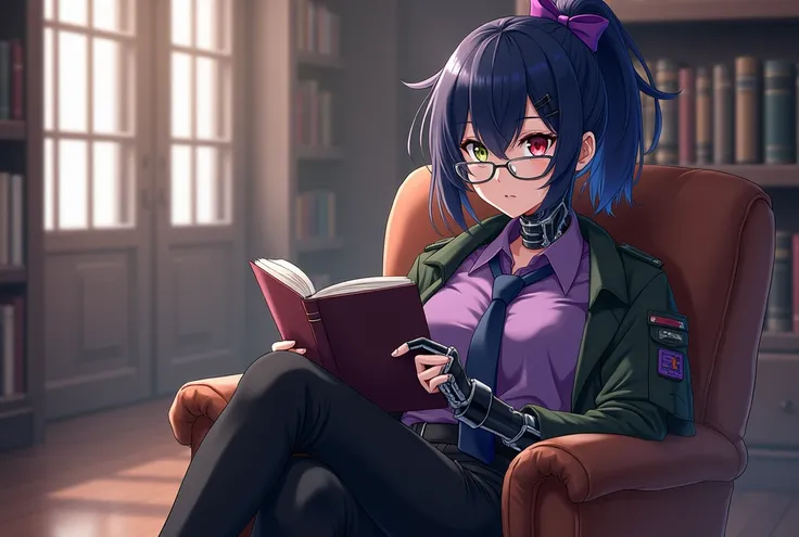  Dark Blue Ponytail with Purple Bow、 different color eyes （Left red、Right olive green） 、wear glasses （silver frame）、whole body義肢、 Purple Shirt with Dark Blue Tie、black trousers、Wearing a military green coat、Black leather shoes、library、sit down、read a book、...