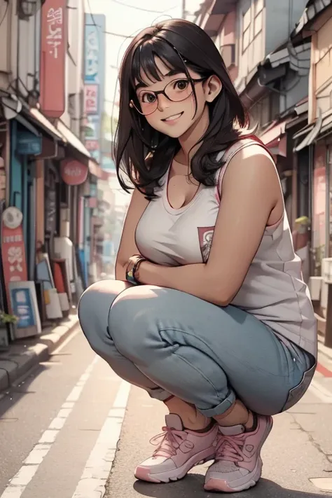 Women (25s)  pink frame glasses , Korea, chubby cheeks, Chunky cheeks , plump, plumpy body,  bangs choppy hair ,  wearing a white tank top ,  knit jeans torn at the knee , sneakers,  laughing smile  , ( shot squat pose ) - ( shot squatting poses ),  relaxe...