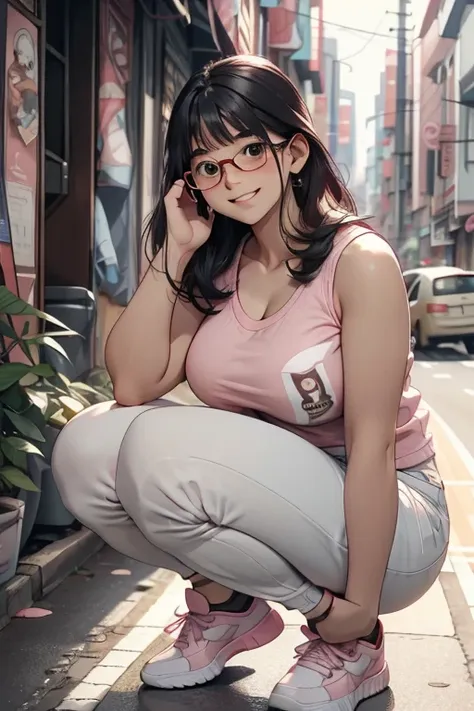 Women (25s)  pink frame glasses , Korea, chubby cheeks, Chunky cheeks , plump, plumpy body,  bangs choppy hair ,  wearing a white tank top ,  knit jeans torn at the knee , sneakers,  laughing smile  , ( shot squat pose ) - ( shot squatting poses ),  relaxe...