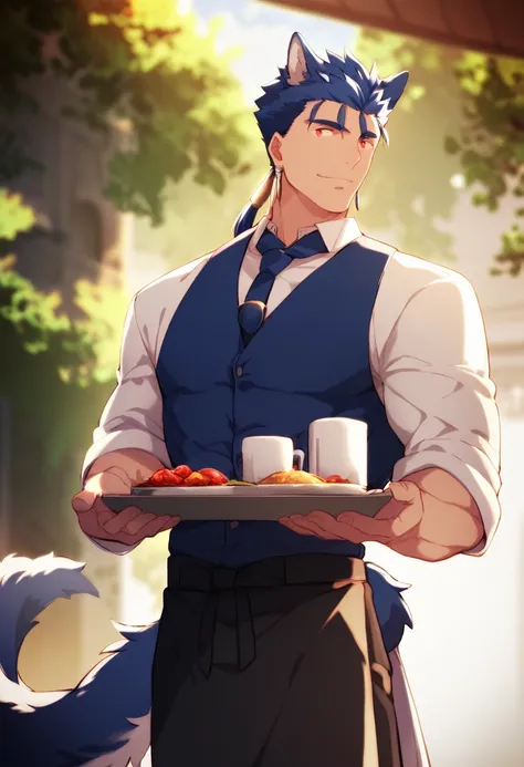 cu chulainn lancer blue dressed as a waiter with a good, slightly muscular body with red anime eyes with a tail and wolf ears wi...