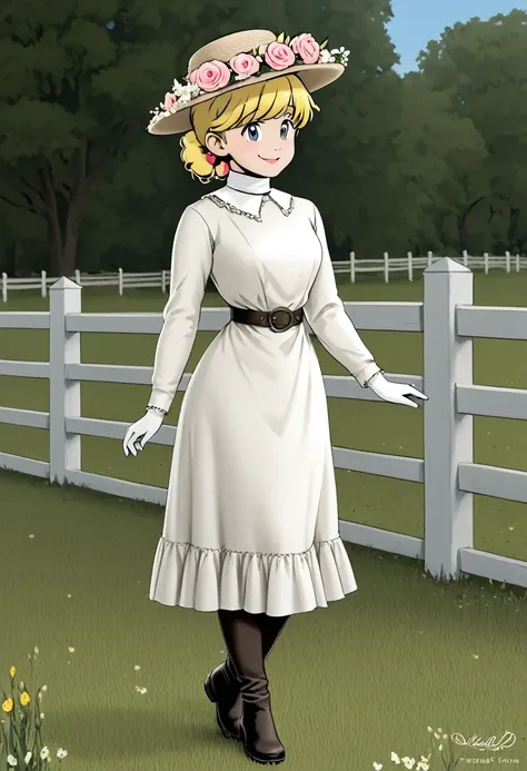 Lola Loud as a 10yo blonde Southern beauty. 1900_dr3ss. White high-collar long sleeve dress and flower-brimmed hat. Silk stockings, boots