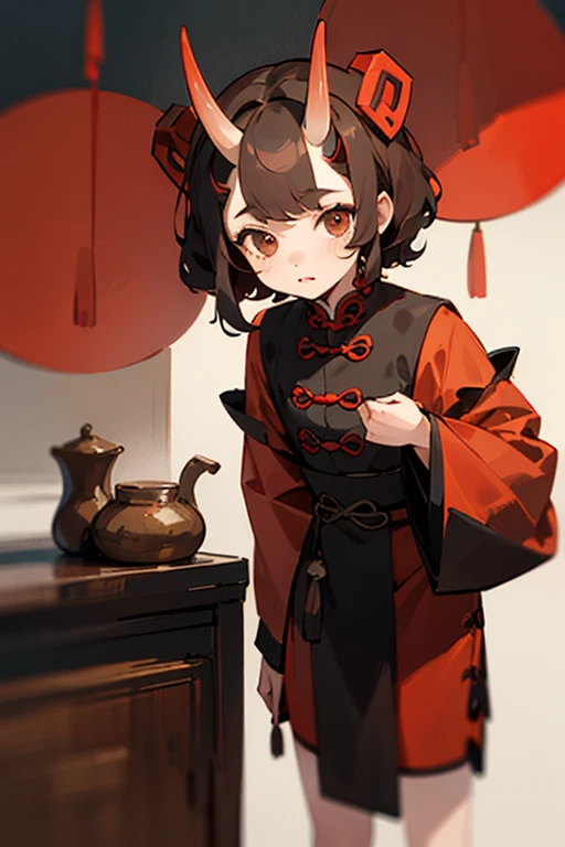 Girl with short wavy hair, brown color with two small red horns on the head.
Dressed as a Chinese concubine