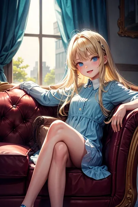 Extremely beautiful eleven-year-old girl  , Sitting on the edge of the couch , facing the viewer , with her legs crossed , slightly open mouth and smiling  ,  long blond hair ,  big expressive light blue eyes , alone 