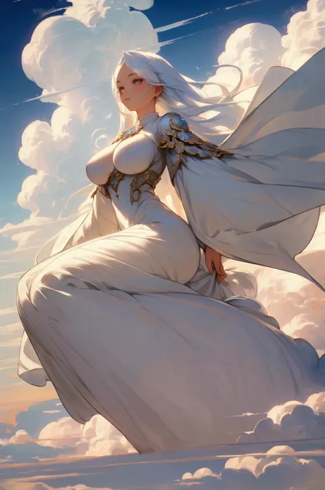 A beautiful young woman with white hair and clear eyes posing gracefully on a cloud in the middle of some plains, wearing a white alluring dress with air patterns on it, photo-realistic, cinematic lighting, intricate background details, vivid colors, maste...