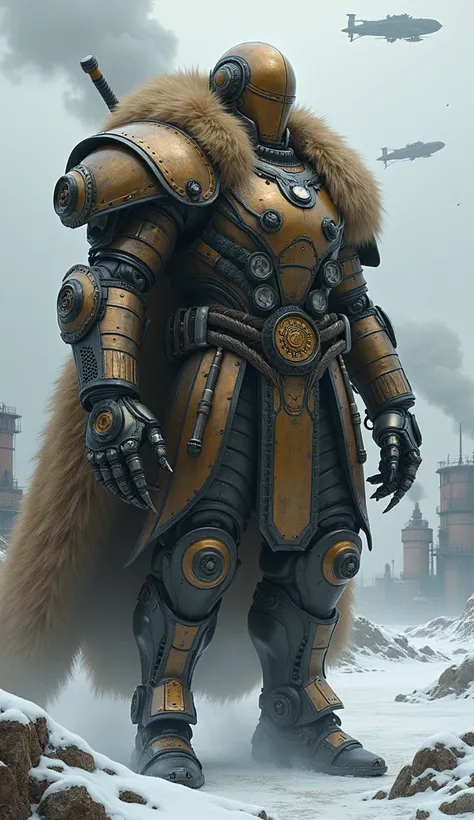  Visualize a Russian steampunk cyborg with heavy bronze and steel armor, with a super technological closed helmet ,  with a large cybernetic fur coat covering part of your body.  Your hands are incredibly strong mechanical prostheses ,  adorned with hammer...