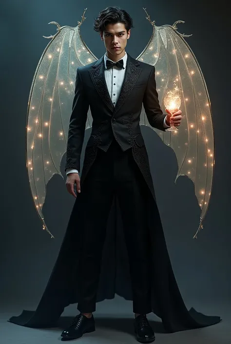 A young 30- yr old man with lovely charming face,(Darcula)( pale skin texture masterpiece) wearing tuxedo,( wavy hairstyles look), ((Vampire look)), (serious, with exposed teeths showing large fangs)(perfect full body detailed anatomy), (Super accessories ...