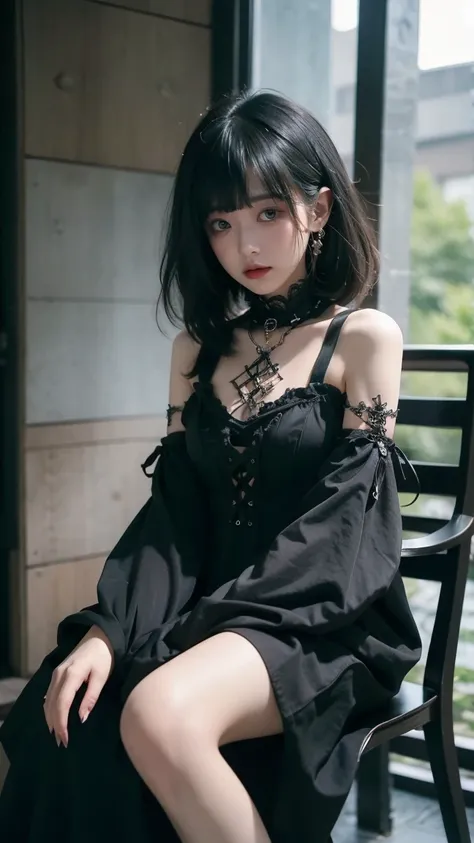 From below, Technoir , Sulky, Artistically refined, Realistic visuals,  breathtakingly beautiful , Diffused, Natural Skin Radiance,  girl sitting and enjoying the view , 24 years old, thin,  floating medium hair, bangs, (gothic_punk dress:1.2), masterpiece...