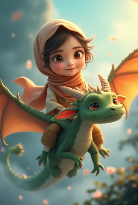 Animated cute hijab girl character riding big flying dragon with "Eva Rizky Kurniasih" as nameplate, text in golden 3D effect with a lot of sparkles, magic fog surround picture.