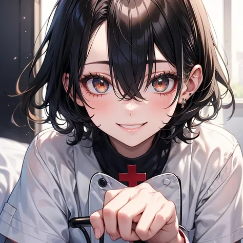 detailed eyes, 1 girl, 28yo, sexy, glamorous, short hair, floating hair, black hair, hair between eyes, brown eyes, oval eyes, hospital, (nurse uniform), chignon, hair, holding patients chart, smile