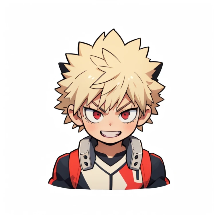 bakugo katsuki, red eyes, blonde hair, spiked hair, 1boy, happy, crazy smile, male focus, uhd, 4k, face detail, eyes detail, only_head, head_only, white background, solo, dynamic face expression, kawaii, chibi, upper body, showing teeths