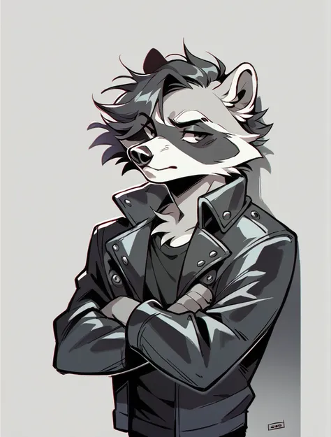 a black and white raccoon in a leather jacket, hairstyle (mane), leaning against the wall, proud look, powerful, with arms cross...