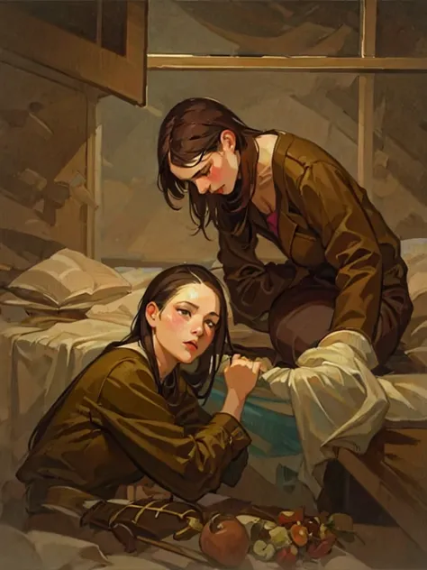 (masterpiece, best quality:1.2), 2girls, , in drkiridescentrealm style, stylized, gouache painting