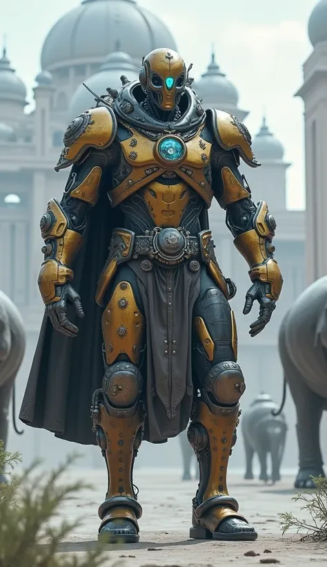  Imagine a futuristic cyborg with a futuristic , with details of Indian culture ,  armor incorporated with metallic components and golden gears.  Its arms and legs are covered by technological jewels that emit a bluish light ,  while its face is a mixture ...