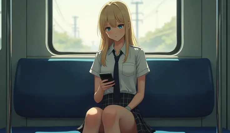 One Girl，(Very pretty high school girl:1.3)，masterpiece，Best Quality， high res，((( PHOTOREALISTIC )))，RAW Photos， ray tracing， Physically Based Rendering，beautiful girl，(Age 15:1.4)，beautiful girl，(detailed pupils:1.2)，(sit in a train seat:1.3)，Sobu Line R...