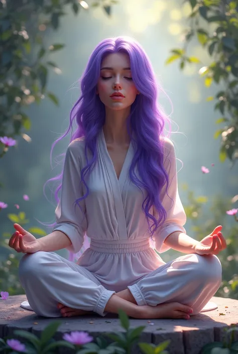 Purple-haired woman meditating