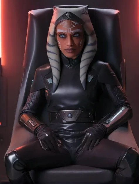 a ahsoka with (((glowing yellow eyes))), sitting confidently on a modern-looking chair, dressed in a white latex military unifor...